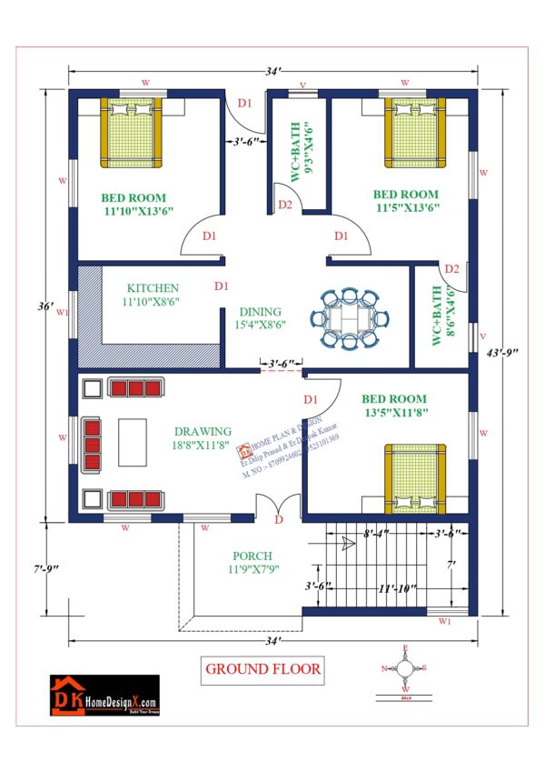 34X44 Affordable House Design