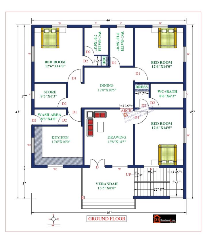 40X45 Affordable House Design DK Home DesignX 40-x-45-3d-house-plan-40x45-house-plan-with-porch-simple-4-bed-room